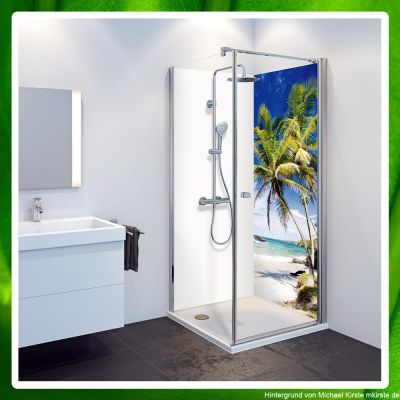 einseitige Fotorückwand für Dusche, 900 x 2100 mm, Motiv Palmen, Urlaub, Strand, wasserfeste Duschrückwand